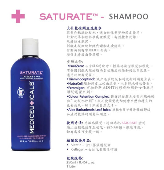 Mediceuticals Saturate Shampoo For Women (Dry Scalp & Hair Moisturizing) 250ml, 1000ml 女士幹淨頭皮洗髮水 (動搜買任何三件八折)